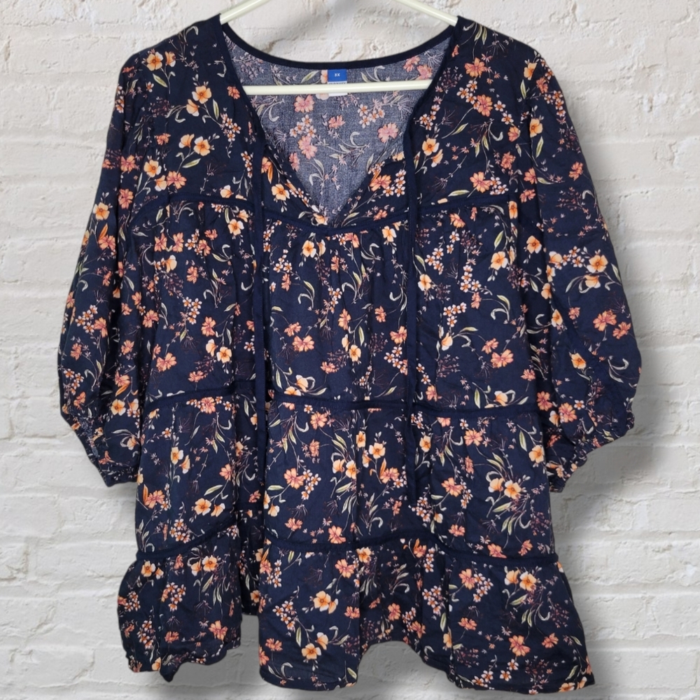 Old Navy Navy Floral Peasant Blouse